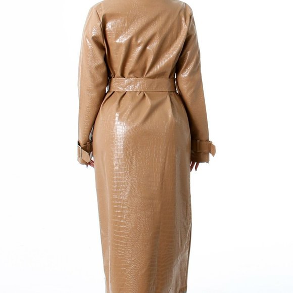 Croc Embossed Belted Trench coat man made leat Long sleeve Waist tie buc… - Picture 3 of 7